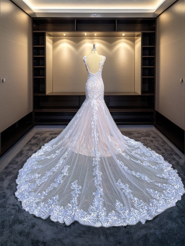 Mermaid Straps Applique Court Train Tulle Wedding Dress