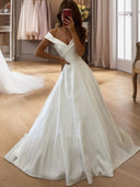 A-line Off-the-Shoulder Ruffles Sweep Train Satin Wedding Dress