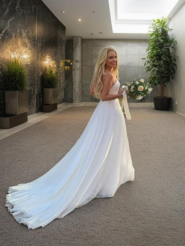 A-line Sweetheart Ruffles Sweep Train Organza Wedding Dress