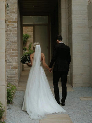 A-line Sweetheart Ruffles Sweep Train Organza Wedding Dress