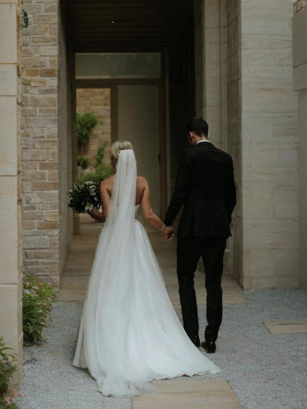 A-line Sweetheart Ruffles Sweep Train Organza Wedding Dress
