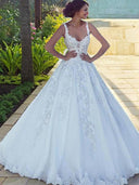 Ball-Gown Scoop Applique Sweep Train Satin Wedding Dress