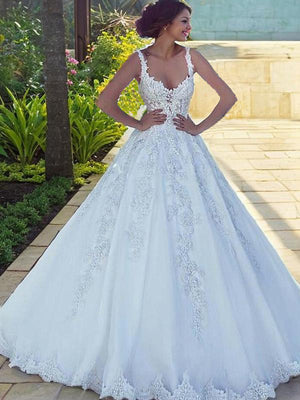 Ball-Gown Scoop Applique Sweep Train Satin Wedding Dress