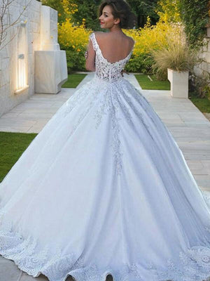 Ball-Gown Scoop Applique Sweep Train Satin Wedding Dress