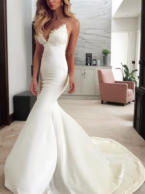 Mermaid Spaghetti Straps Lace Sweep Train Stretch Crepe Wedding Dress