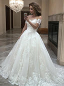 A-line Off-the-Shoulder Applique Sweep Train Tulle Wedding Dress