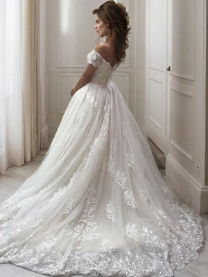 A-line Off-the-Shoulder Applique Sweep Train Tulle Wedding Dress