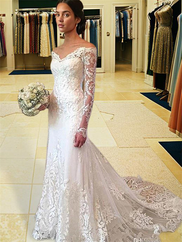 Mermaid Off-the-Shoulder Long Sleeves Appliques Lace Court Train Lace Wedding Dress