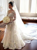 A-line Bateau Long Sleeves Lace Chapel Train Tulle Wedding Dress
