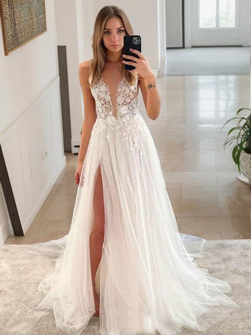A-line V-neck Lace Sweep Train Tulle Wedding Dress