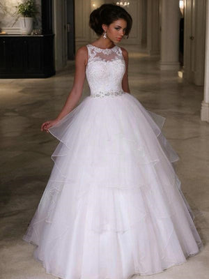 A-line Jewel Layers Floor-Length Organza Wedding Dress