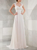 Empire Bateau Lace Sweep Train Chiffon Wedding Dress