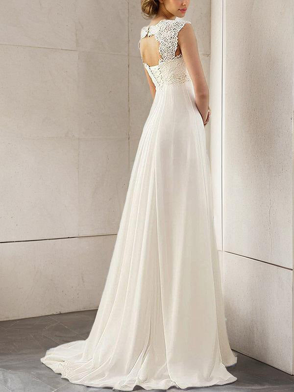Empire Bateau Lace Sweep Train Chiffon Wedding Dress