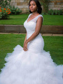 Mermaid V-neck Beading Cathedral Train Tulle Wedding Dress