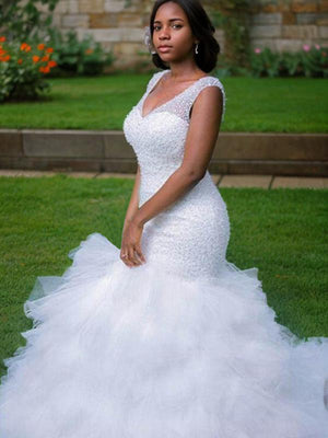 Mermaid V-neck Beading Cathedral Train Tulle Wedding Dress