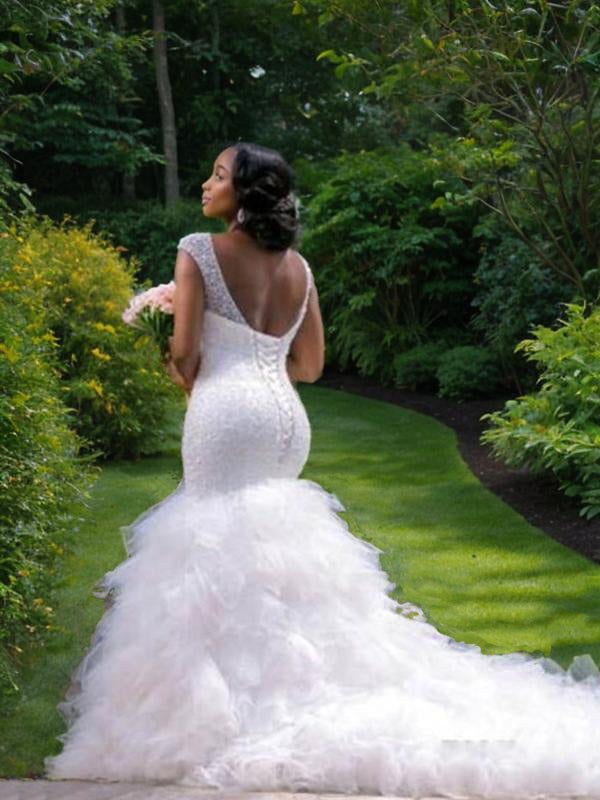 Mermaid V-neck Beading Cathedral Train Tulle Wedding Dress