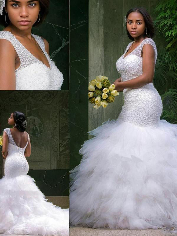Mermaid V-neck Beading Cathedral Train Tulle Wedding Dress