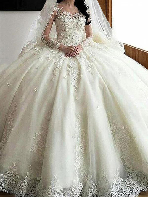 Ball-Gown Scoop Long Sleeves Appliques Lace Cathedral Train Tulle Wedding Dress