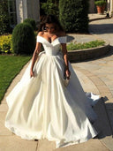 Ball-Gown Off-the-Shoulder Ruffles Sweep Train Satin Wedding Dress