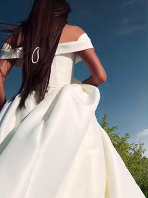 Ball-Gown Off-the-Shoulder Ruffles Sweep Train Satin Wedding Dress