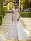 Mermaid V-neck Long Sleeves Applique Court Train Lace Wedding Dress