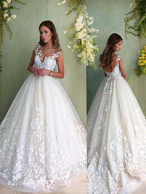 A-line V-neck Appliques Lace Court Train Tulle Wedding Dress