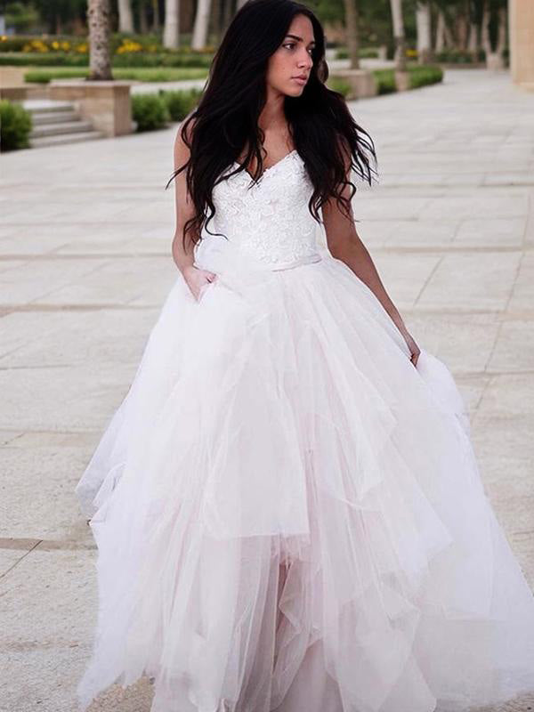 A-line V-neck Ruched Floor-Length Tulle Wedding Dress