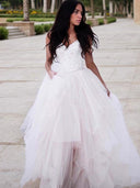 A-line V-neck Ruched Floor-Length Tulle Wedding Dress