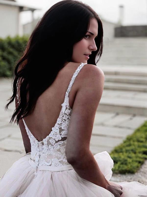 A-line V-neck Ruched Floor-Length Tulle Wedding Dress
