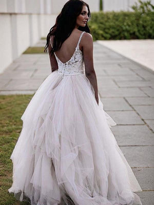 A-line V-neck Ruched Floor-Length Tulle Wedding Dress