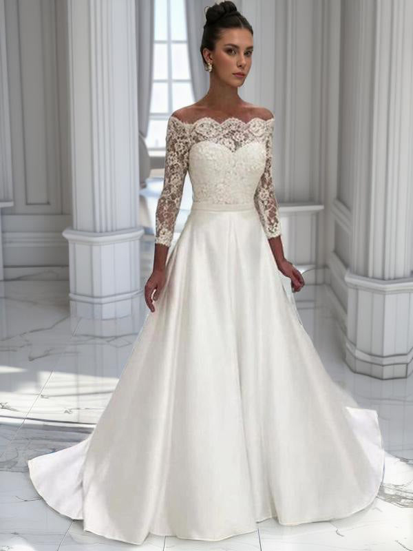 Ball-Gown Off-the-Shoulder 3/4 Sleeves Lace Sweep Train Satin Wedding Dress