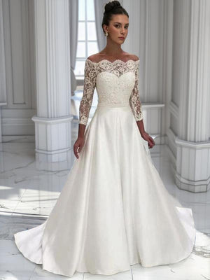 Ball-Gown Off-the-Shoulder 3/4 Sleeves Lace Sweep Train Satin Wedding Dress