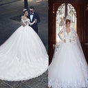 Ball-Gown Off-the-Shoulder Long Sleeves Appliques Lace Chapel Train Tulle Wedding Dress