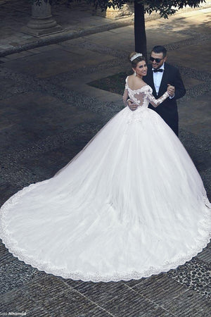 Ball-Gown Off-the-Shoulder Long Sleeves Appliques Lace Chapel Train Tulle Wedding Dress