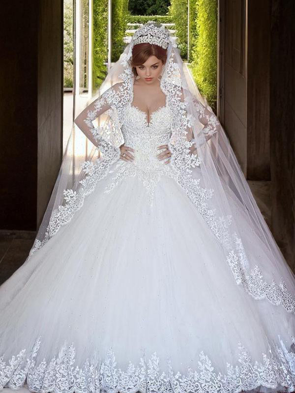 Ball-Gown Off-the-Shoulder Long Sleeves Appliques Lace Chapel Train Tulle Wedding Dress