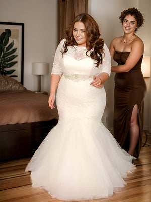 Mermaid Off-the-Shoulder Long Sleeves Sash/Ribbon/Belt Sweep Train Tulle Wedding Dress