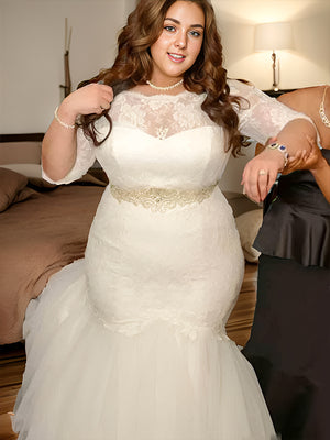 Mermaid Off-the-Shoulder Long Sleeves Sash/Ribbon/Belt Sweep Train Tulle Wedding Dress