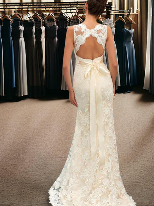 Mermaid V-neck Sash/Ribbon/Belt Sweep Train Lace Wedding Dress