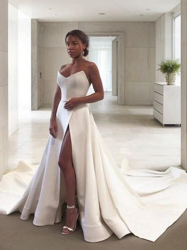 A-line Sweetheart Ruffles Court Train Stretch Crepe Wedding Dress