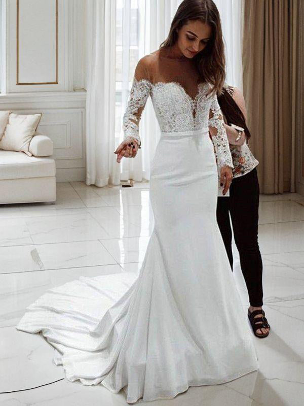 Mermaid Off-the-Shoulder Long Sleeves Appliques Lace Court Train Chiffon Wedding Dress