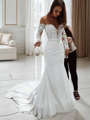 Mermaid Off-the-Shoulder Long Sleeves Appliques Lace Court Train Chiffon Wedding Dress