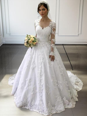 Ball-Gown V-neck Long Sleeves Appliques Lace Court Train Satin Wedding Dress