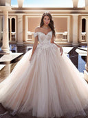 Ball-Gown Off-the-Shoulder Appliques Lace Floor-Length Tulle Wedding Dress