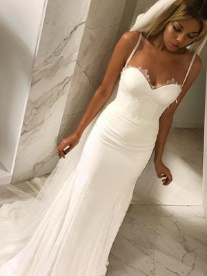 Sheath Sweetheart Lace Sweep Train Lace Wedding Dress