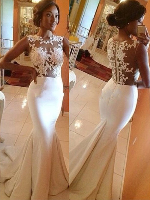 Mermaid Scoop Appliques Lace Sweep Train Stretch Crepe Wedding Dress