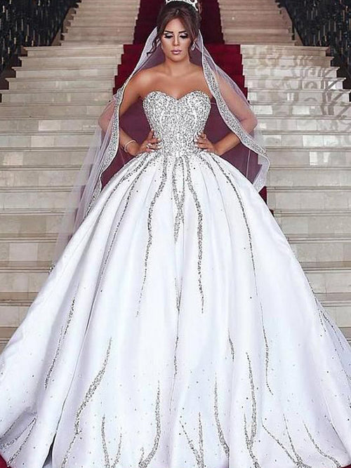 Ball-Gown Sweetheart Beading Sweep Train Satin Wedding Dress