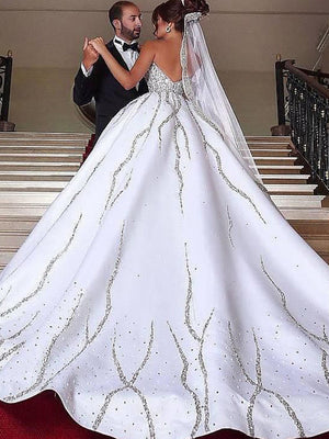 Ball-Gown Sweetheart Beading Sweep Train Satin Wedding Dress