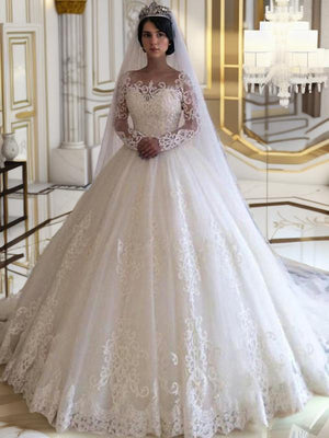 Ball-Gown Off-the-Shoulder Long Sleeves Appliques Lace Sweep Train Tulle Wedding Dress
