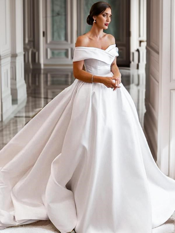 A-line Off-the-Shoulder Ruched Chapel Train Satin Wedding Dress