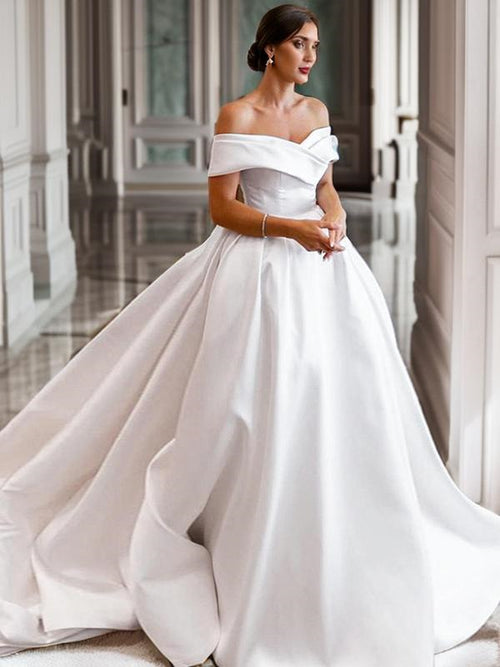 A-line Off-the-Shoulder Ruched Chapel Train Satin Wedding Dress